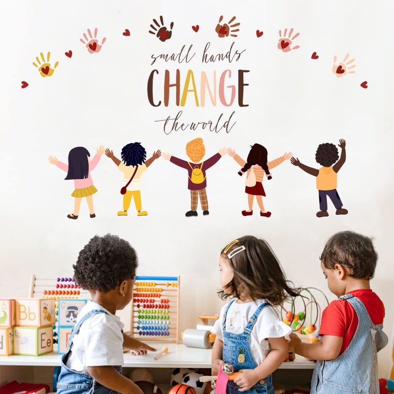 Mfault Inspirational Small Hands Change The World Handprint Wall Decals Stickers, Diversity Inclusion Equality Nursery Decorations Bedroom Playroom Classroom Art, Neutral Toddler Kids Room Decor - Image 1